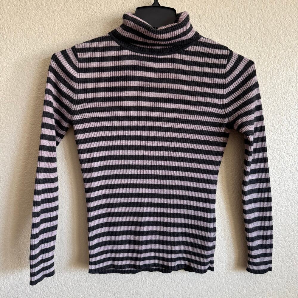 Wanko Cotton Wool Blend Turtleneck Pink Black Striped Long Sleeve Size F or S/M